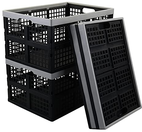 Asking 4-Pack 42 L Stackable Collapsible Crate, Plastic Folding Storage Basket, Black
