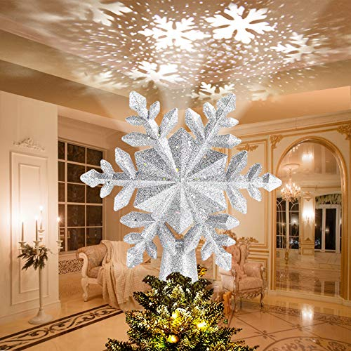 Avoalre Stella Albero di Natale con Fiocco di Neve Rotante Luci Proiettore LED Decorazione Albero di Natale Scintillio Stella Proiettore di Luce per Casa Ufficio Bar Hotel - Argento