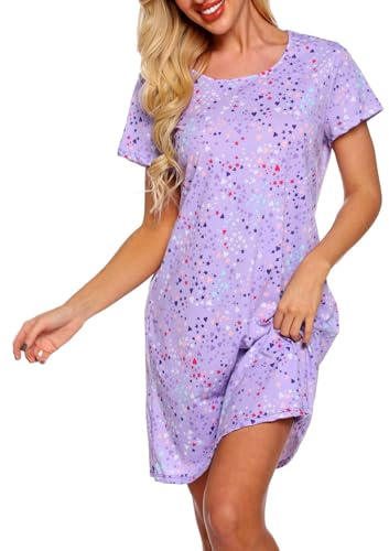 ENJOYNIGHT Camisón para mujer de verano, de algodón, con mangas cortas, estampado, camiseta para dormir, camiseta de dormir, ropa de noche, camisón, para mujer, morado, L