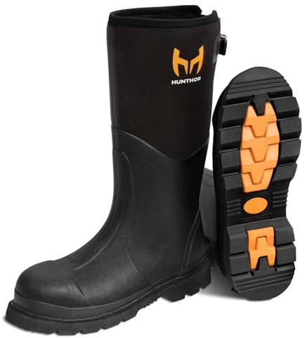 Hunthor Rubber Work Boots, Puncture-Proof with Steel Toe & Shank, Waterproof Insulated 6mm Neoprene Hunting Boots for Farming, Construction, Gardening, Fishing, Outdoor Work