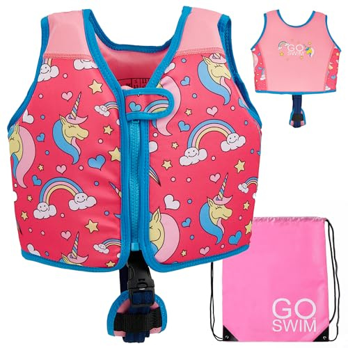 Go Swim Giubbotto Galleggiante - Include borsa da nuoto gratuita Giubbotto da nuoto per bambini con galleggiabilità fissa e cinturino di sicurezza (Magical Unicorns, S (15-19kgs))