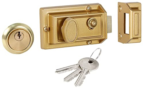 DIDA® Traditional Nightlatch with 3 Copper Keys, Premium Solid Brass Rim Cylinder, 60mm Backset, Suitable for Doors 38 to 57 mm Thick, Gold Nickel Finish, 5-Year Warranty,High Security Front Door Lock