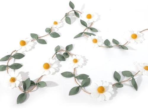 Wool Felt Daisy Chain Banner Garland - Daisy 1st Birthday Decorations,Daisy Themed Party Decorations,Nursery Wedding Decoration,White Wool Felt Daisy Green Leaf Garland
