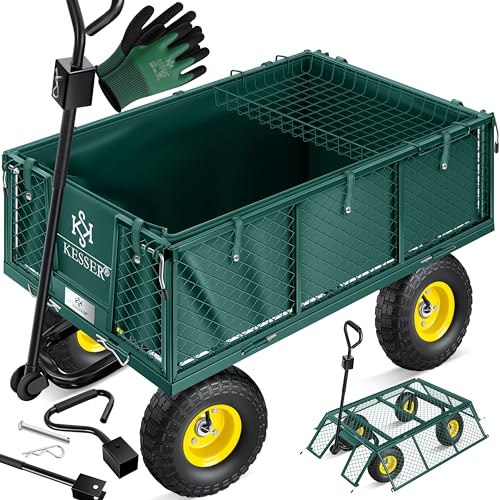 KESSER® Carro de Jardín, Carro de Mano, Carro de Transporte, 700 kg de Capacidad de Carga, Incl. Lona Desmontable + Guantes + Estante, Ruedas Neumáticas, Carro de Mano Polivalente, Verde