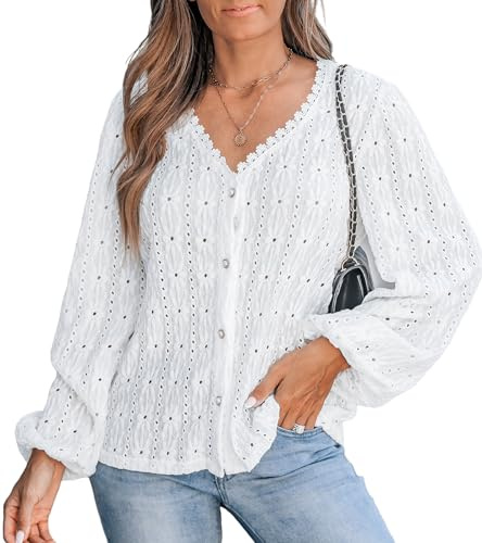 CUPSHE Chemisiers pour femmes à col en V avec manches bouffantes et manches longues - Hauts en maille avec œillets en dentelle élégants - Tunique pour femmes - Chemisiers pour femmes, blanc, XL