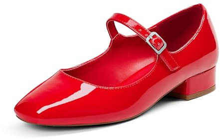 GENSHUO Mary Jane Damenschuhe, Flache Pumps mit Quadratischer Zehenpartie, Bequem und Schlicht, mit Gepolsterter Innensohle, Rotes Lackleder, 38 EU
