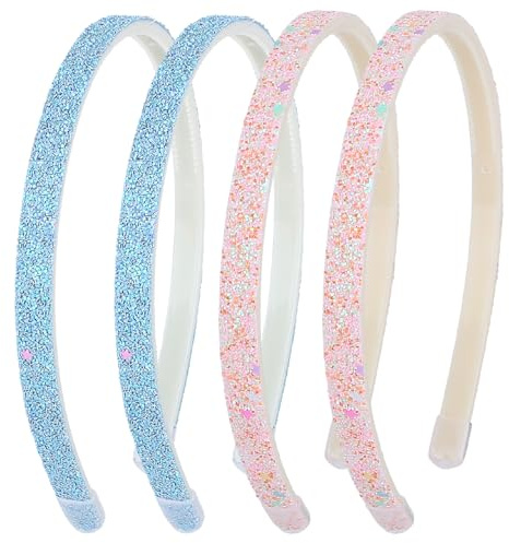 WLLHYF Bandeau à paillettes, lot de 4 élastiques brillants mignons antidérapants, épais, en plastique, arc-en-ciel avec dents, accessoires pour cheveux colorés pour petites filles (2 roses + 2 bleus)