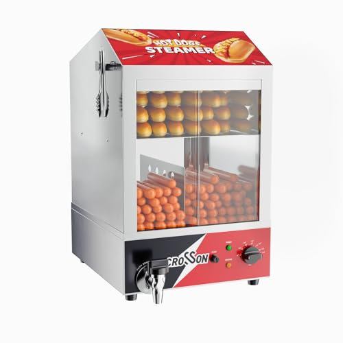 CROSSON Hot Dog Dampfgarer, 42L, 2-stöckiger Hot Dog Hut Dampfgarer, 175 Hot Dogs und 50 Brötchen Brötchen Fassungsvermögen Brötchenwärmer mit sichtbaren Schiebetüren aus gehärtetem Glas