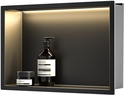 Bernkot Ducha empotrable de pared de acero inoxidable con tira de luz LED, 45 x 30 cm, impermeable, no requiere azulejos, almacenamiento de baño, nicho, negro mate