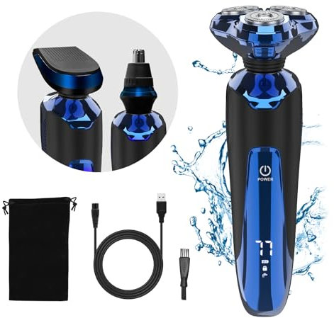 Rasierer Herren Elektrisch - IPX7 Wasserdicht Rasierer, Akku, Nass & Trocken, mit Nasenhaar- und Barttrimmer, Reisesperre