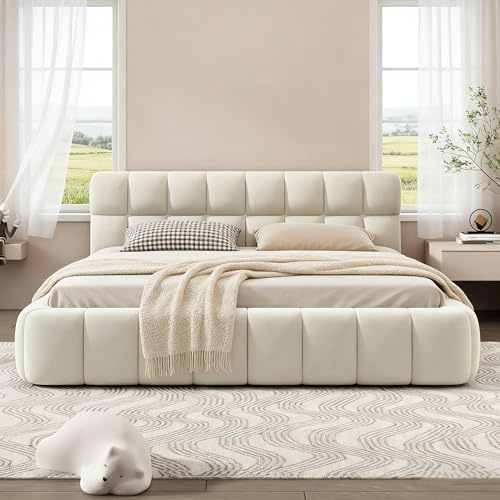 BRILVERDE Letto Basso Imbottito 160x200, Letto Tatami con testiera, Struttura Letto con Rete a doghe, Letto per Ragazzi, in Lino, Senza Materasso (Beige, 160 x 200 cm)