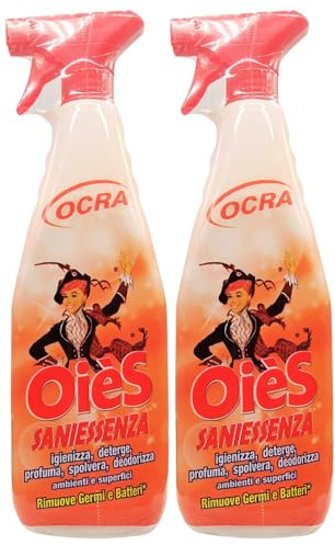 Detergente Spray Sanissenza, Il Miglior Formulato Che Profuma, Igienizza e Spolvera Ambienti e Superfici. Rimuove Germi e Batteri. Disponibile In Varie Profumazioni 750ml (2 Spray, OCRA)