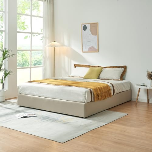 [en.casa] Struttura Letto Matrimoniale King Size 180x200 cm con Zona di Riposo Ribaltabile Contenitore Letto Doppio a 2 Piazze Rivestito in Tessuto Effetto Lino - Beige