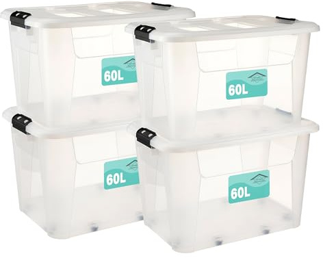 Pack Of 4 Plastic Storage Box Clear,Stackable Heavy Duty Multi-Purpose Stacking Strong Container,Boxes Lid Black Clip Lock Handles,Ideal For Home Office School Arts & Crafts (60 Litre)