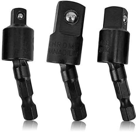 Power Drill Sockets Adapter, 360 Degree Rotatable Universal Joint Swivel Socket Set 1/4 Inch Hex Shank to 1/4 3/8 1/2 Square Socket Drives CR-V Steel Plating Finished, Use with Impact and Power Drill