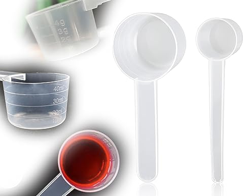 KAPSING 2 cucharas medidoras transparentes, cucharas medidoras con escala, pueden medir 10 ml, 20 ml, 30 ml, 40 ml, 2 g, 3 g, 4 g, 5 g, 2 cucharas medidoras diferentes (5 gy 40 ml)