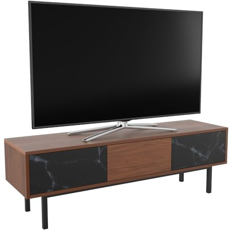Walnut & Marble TV Stand - AVF TV Floorstand Unit - Dark Wood With Marble Effect Doors, Steel Base Frame, Cable Management - For TVs Up to 65 and 50kg