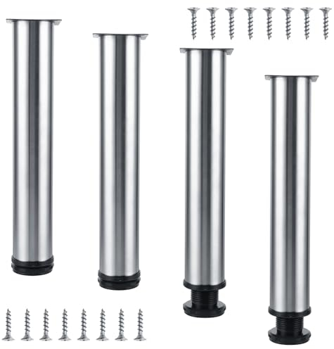 VIDETOL 4 Stück Möbelfüße Edelstahl, 30cm Rund Metall Tischbeine Höhenverstellbar, Höhenverstellbar 300mm-315mm Tischfüße mit Schrauben für Schrank, Schreibtisch und DIY Möbel