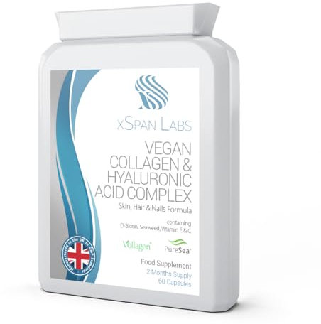 Vegan Collagen & Hyaluronic Acid Complex - 60 Capsules - Effective Skin, Hair & Nails Formula with 500mg of Vollagen in The Exact Amino ratios of Human Collagen