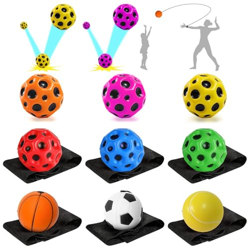 Tianher Pelota Luna, 9 Piezas Pelota Saltarina Niños Pelota de Muñeca con Cuerda Pelotas de Rebote para Fiestas Infantiles Regalo