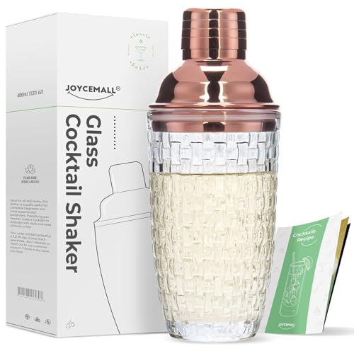 JOYCEMALL Shaker à cocktail en verre transparent 385 ml or rose avec couvercle doseur en acier inoxydable, passoire et boîte cadeau pour la maison, le bar, le vin, les jus de fruits mélangés