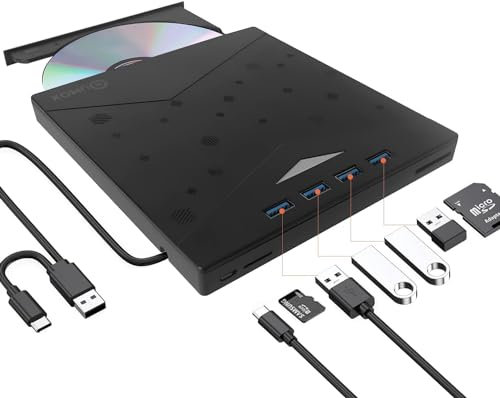QUMOX Masterizzatore Esterno CD/DVD USB 3.0 con Hub 8-in-1, 4 Porte USB, Lettori Schede SD/TF, Ultra Sottile per PC/Mac/Linux, RGB