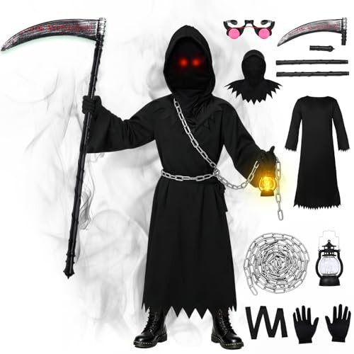 HarnyLoom Costume da Tristo Mietitore per Bambini Adulti, Spaventoso Falce Triste Halloween Mantello Vestito Fantasia Donne Uomini con Catena di Sythe Grim Halloween Cape Robe (Bambine, (10-12) anni)