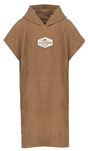 Surf Monkey Asciugamano Poncho Surf con Cappuccio e Tasca Interna - Cotone Biologico (Beige, L/XL)