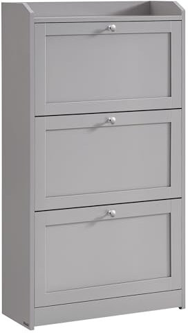 VASAGLE Schuhschrank 3 Klappen, Schuhkipper, Schuhregal, Schuhaufbewahrung, Oberplatte, Trennwand verstellbar, für bis zu 18 Paar Schuhe, Flur, 24 x 60 x 108 cm, Taubengrau LBC036G01