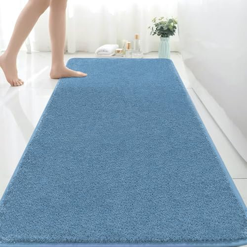 Rururug Badezimmermatte Weiche Mikrofaser Badematte, Badezimmerteppich Groß Bad Teppich 150x60cm, rutschfeste Waschbar Badvorleger, Blau