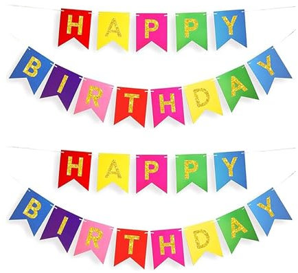 Two Happy Birthday Banner, 2 Happy Birthday Banners, Party Decoration for Women, Men and Kids, Easy Setup Party Decorations, Bright and Colourful