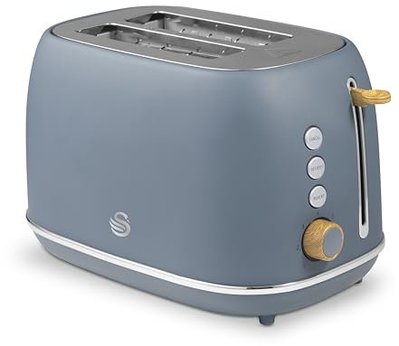 Swan ST19030GRY Fjord 2-Slice Toaster with 7 Browning Levels, Defrost/Reheat/Cancel, 800W, Grey & Wooden Accents