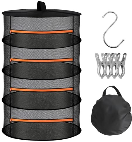 WUQNGI Rejilla para Secado de Hierbas 4 Capas, Red Plegable con Clips y Gancho, Cremallera para Plantas, Vegetales, Ropa