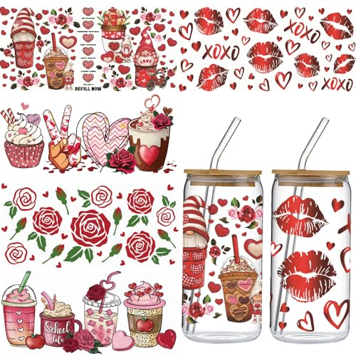 5 Sheets Valentine’s Day UV DTF Cup Wrap Stickers Red Rose Flower UV DTF Cup Wraps Transfer Stickers for DIY Craft Decorations Romantic Heart Sexy Lips Dwarf XOXO Designs for 16 oz Glass Water Bottle