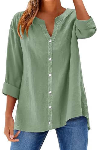 Rapbin Chemisier ample à manches longues en coton avec col en V pour femme, vert sauge, M