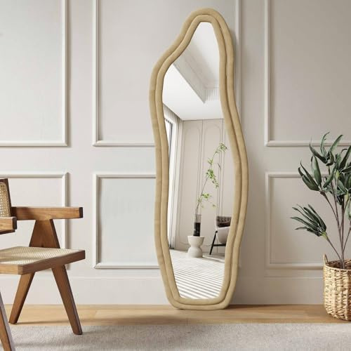 BestAlice Helkroppsspegel 160 x 50 cm, stående spegel, stor asymmetrisk golvspegel, spegel med sammetstygsram, modern väggspegel, hängande, stående, lutbar, vågspegel för sovrum, gul
