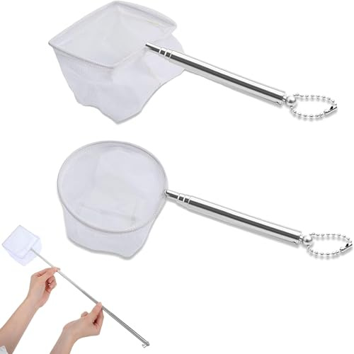 2 Pcs Aquarium Net with Telescopic Handle Fish Tank Nets, With Stainless Steel Extendable Handle,Fishing Nets for Aquarium Maintenance, Small Net for Fish Tank Cleaning(Square and Round)