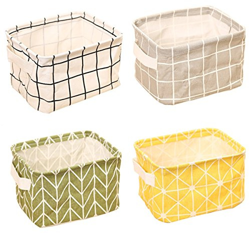 ZhengYue Storage Baskets Foldable Mini Square Natural Linen & Cotton Fabric Storage Bins Simple Desk Shelf Baskets Organizers - Set of 4 Organizer Storage Bags