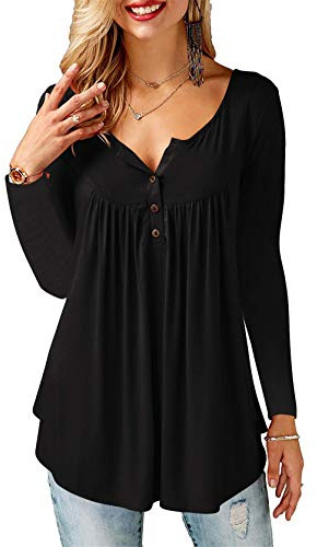 BeLuring Women Casual Long Sleeve Henley Flared Tunic Tops Blouse Shirt, 16-18, D - Black