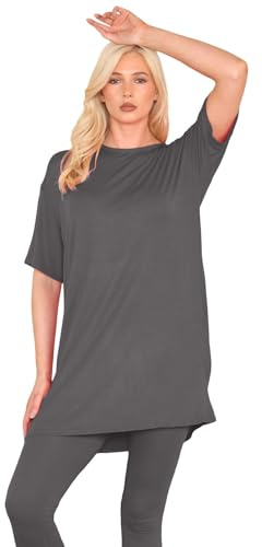 janisramone® Womens Short Sleeve Tunic T Shirts, Round Neck Oversized T Shirts for Women UK, Soft Comfortable Pj Dress, Perfect Summer Longline Ladies Tops Charcoal