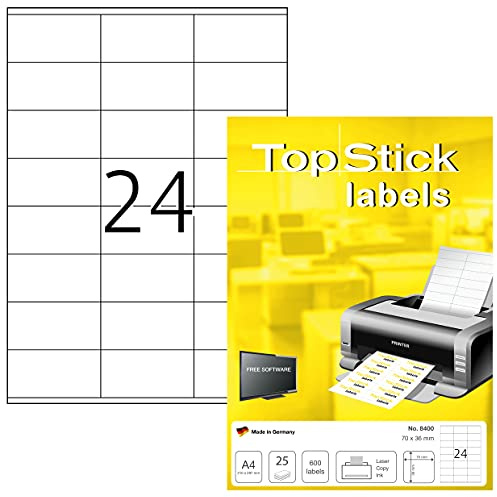 TopStick Etichette autoadesive per indirizzi, 24 etichette per foglio A4, 25 fogli, 70 x 36 mm, 600 etichette, etichette autoadesive vuote per posta, per stampanti laser e inkjet, bianco