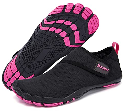 Racqua Mens Womens Water Shoes Quick Dry Barefoot Lightweight Shoes Beach Swim Sport Shoes Hiking Pool Surfing Diving Aqua Shoes Black/Rose 9.5 Women/8.5 Men