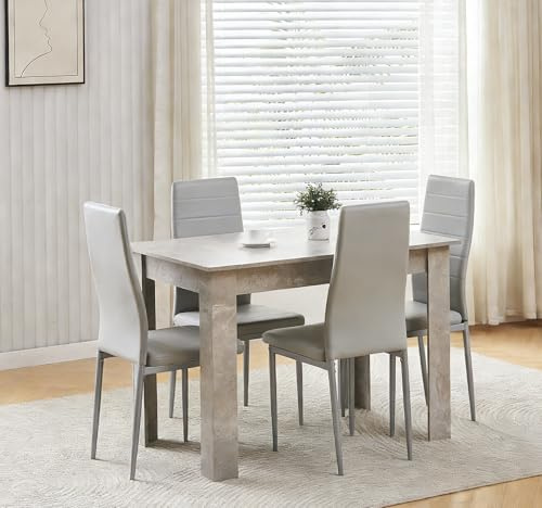 Menaka Wood Dining Table and Chairs Set of 4, Small Rectangular Kitchen Dinner Table with 4 Seaters (line grey leather chairs, 110cm grey marble table, 4 seaters)
