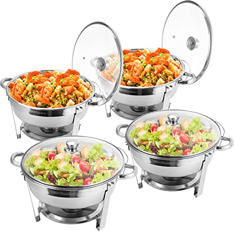 BriSunshine Chafing Dish Buffet Set 4 Packs, 5 QT Stainless Steel Round Chafing Dishes with Glass Lid & Lid Holder, Food Warmer for Parties Buffet Weddings Catering Events