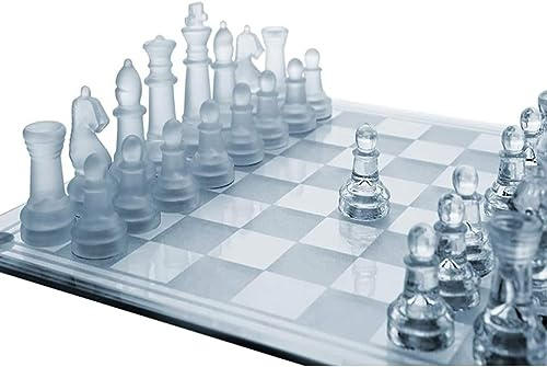 Jeu d'Échecs Élégant en Verre - Cristal Trempé Transparent et Dépoli, Pièces Incrustées de Flanelle Résistant aux Rayures, Plateau à Carreaux Antidérapant, Jeu de Cerveau pour Adultes et Adolescents
