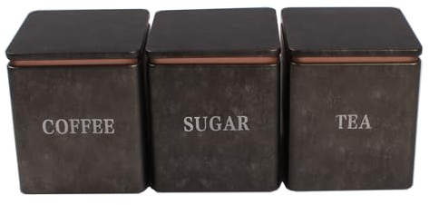 NAVACALA Tea Coffee Sugar Canisters, 3 Piece of 600ml Metal Food Storage Tin, Kitchen Canister Set with Metal Tray, Dry Food Storage Containers for Tea Coffee & Sugar