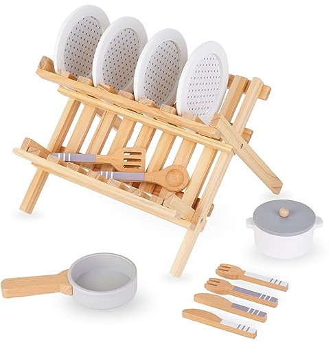 Mamabrum Set Cocina Juguete de Madera para Niños - Cocinita Infantil con Ollas, Platos y Utensilios - Juegos Infantiles de Imitación con Escurridor Plegable - 28,2 x 28,6cm