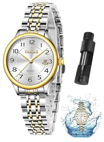 Taxau Armbanduhr Damen Silber Damenarmbanduhr Wasserdicht Gold Und Silberfarbener Edelstahl Metallarmband Damenuhr Silber Arabische Zahlen Zifferblatt Klassisch Quarz Uhr Damen Women's Silver Watch