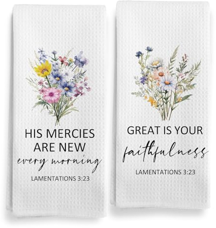 Qeheb Christian Religious Gifts for Women, Christian Floral Kitchen Towels, Religious Scripture Bible Verse Kitchen Tea Towels Decorative Set, Lamentations 3 23 Scripture Hand Dish Towels 16x24in