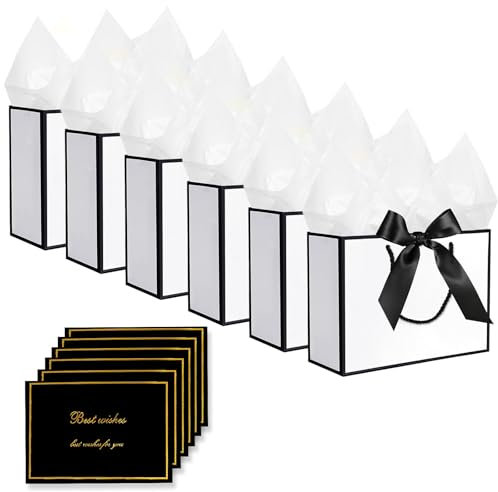 Geschenktüten, 6 Stück Geschenk Tüte + 6 Grußkarten + 6 Taschentüchern,Geschenktüte Groß mit Schleife, Gift Bag mit Henkel, Partytüten, Geeignet für Geburtstage, Hochzeiten, Feiern (Whiteblack)